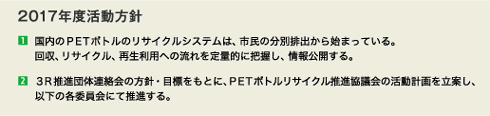 2017年度活動方針 国内のPETボトルのリサイクルシステムは、市民の分別排出から始まっている。回収、リサイクル、再生利用への流れを定量的に把握し、情報公開する。3R推進団体連絡会の方針・目標をもとに、PETボトルリサイクル推進協議会の活動計画を立案し、以下の各委員会にて推進する。